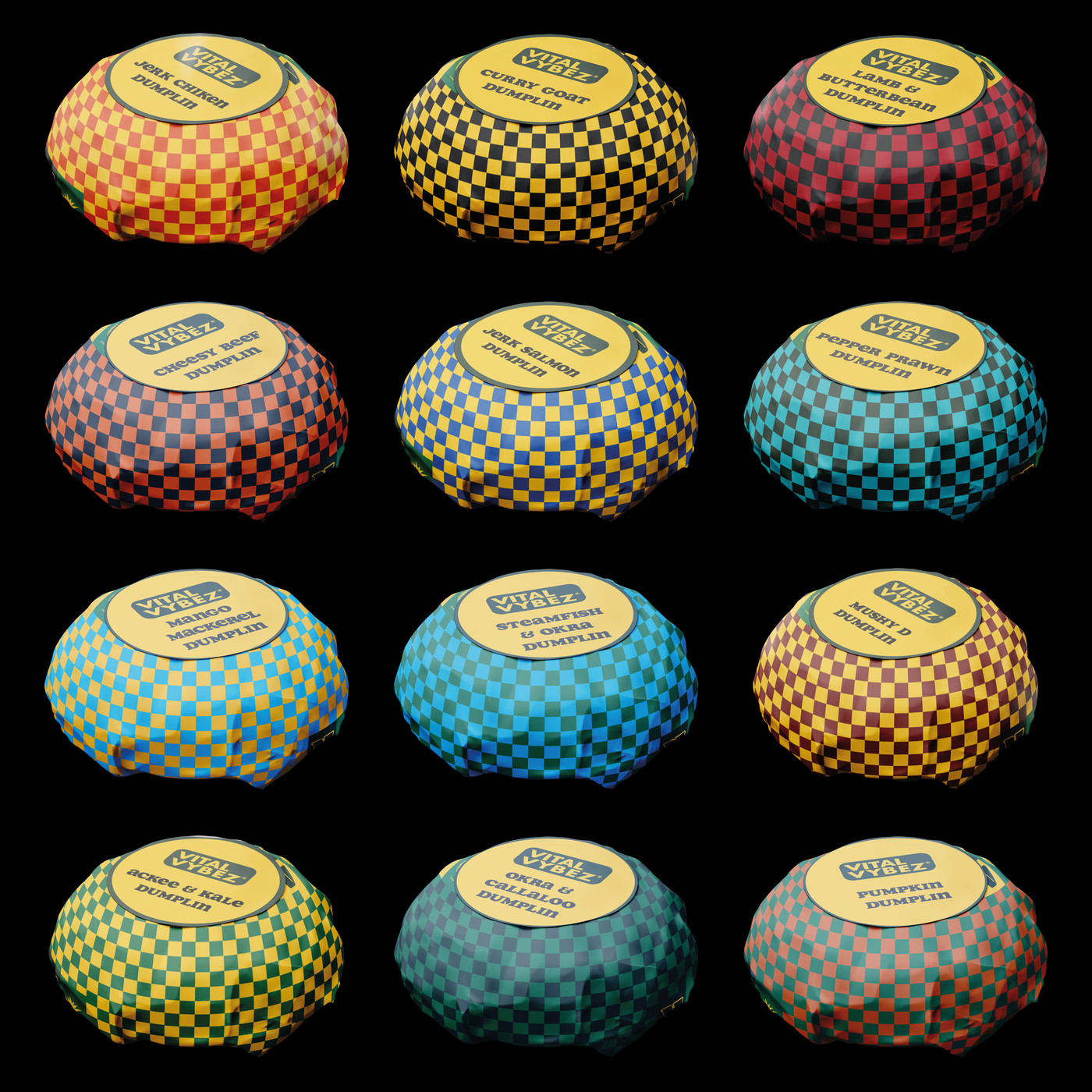 All twelve Vital Vybez dumplings — every filling, hand-made, in its own wrapping.